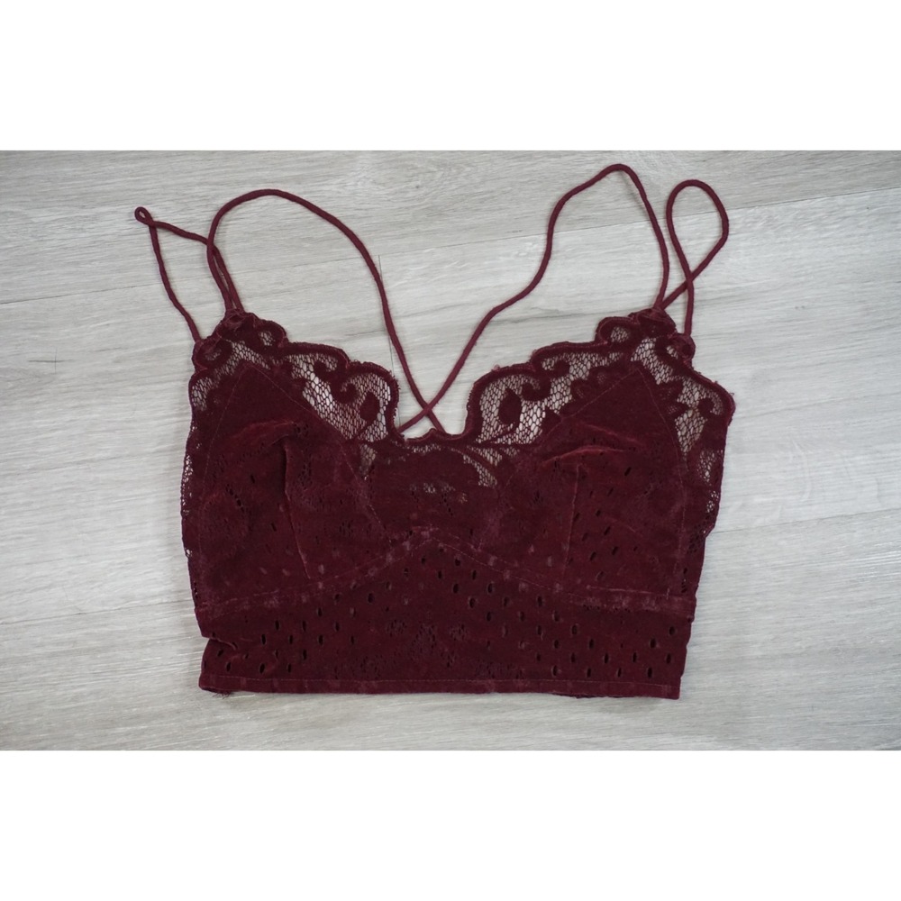 Free People Lace Crochet Smocked‎ Spaghetti Strap Brami Bra Top Small Burgundy